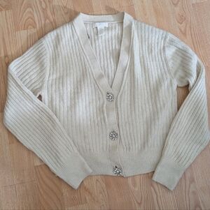 H&M Cream Ribbed Cardigan with Crystal Flower Buttons Size XS